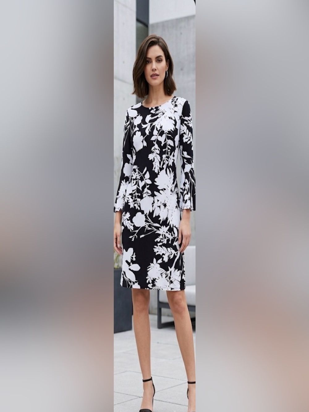 Chaps Black & White Floral Midi Dress with Bell Sleeves size 6 like new